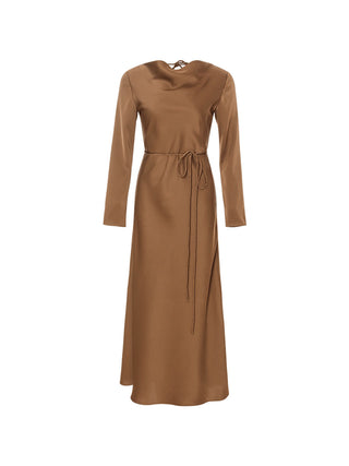 Glow Boat Neck Long Dress in Brown with elegant boat neckline and flowing silhouette – Sincethen