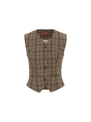 Check brown v neck vest