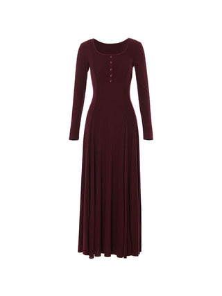 Deep Wine Round Long Dress by Sincethen - Elegant FW Designer Dress in Wine with Round Neckline