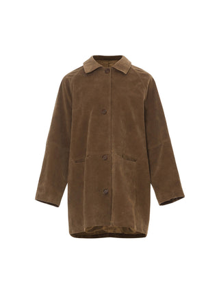 Stylish Suede Half Mac Coat by Sincethen, perfect for layering and autumn style.