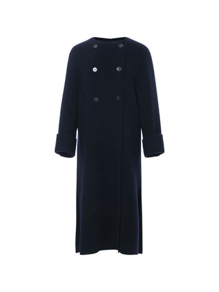 Elegant Wool Double Muffler Coat in Navy by Sincethen, designed for warmth and style.