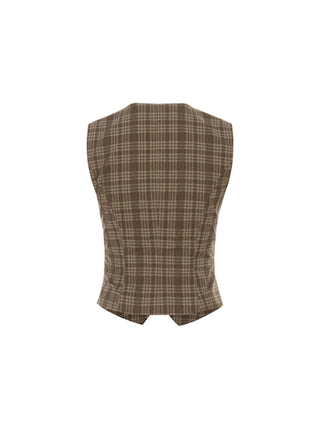 Check brown v neck vest