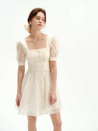 Square-neck embroidered mini dress