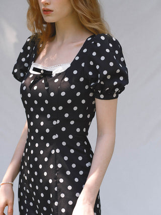 Black dots slit long dress