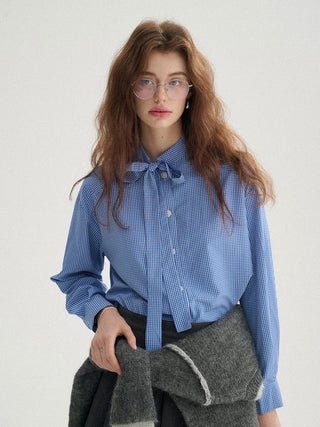 Blue Ribbon Check Blouse - Classic check pattern with ribbon detailing for casual chic looks