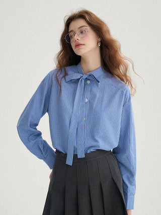 Blue Ribbon Check Blouse - Classic check pattern with ribbon detailing for casual chic looks