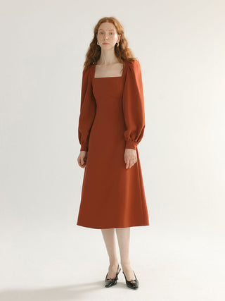 Brick Square Neck Midi Dress by Sincethen - Elegant Designer Dress in Brick Color with Square Neckline