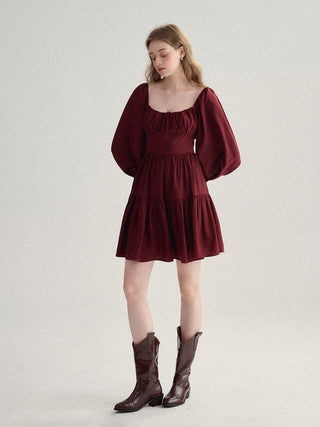 Elegant shirring design Sincethen Burgundy Shirring Mini Dress