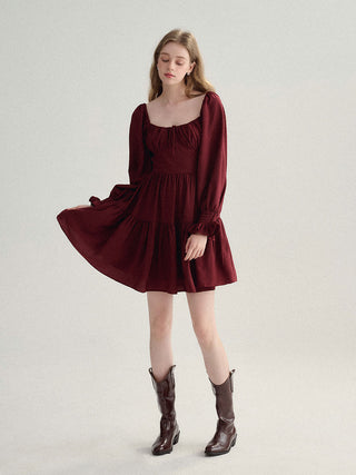 Elegant shirring design Sincethen Burgundy Shirring Mini Dress