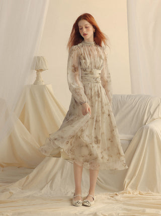 Cappuccino Shirring Long Dress styled for timeless elegance and romance