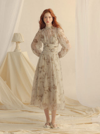 Cappuccino Shirring Long Dress styled for timeless elegance and romance