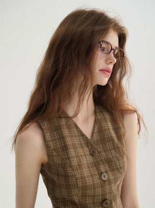 Check brown v neck vest