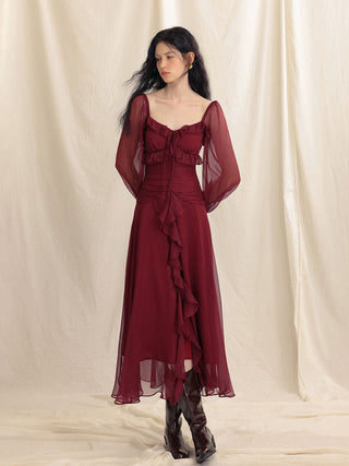 Cherry Red Ruffle Long Dress by Sincethen - Stylish Fall Designer Look