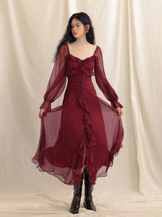 Cherry Red Ruffle Long Dress by Sincethen - Stylish Fall Designer Look