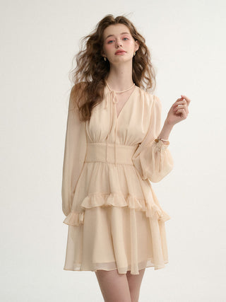 Cream Beige Ruffle Mini Dress