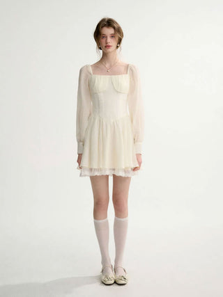 Cream Lace Mini Dress with delicate lace fabric, perfect for a feminine and romantic look."