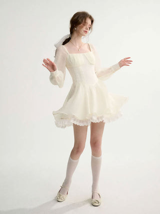 Cream Lace Mini Dress with delicate lace fabric, perfect for a feminine and romantic look."