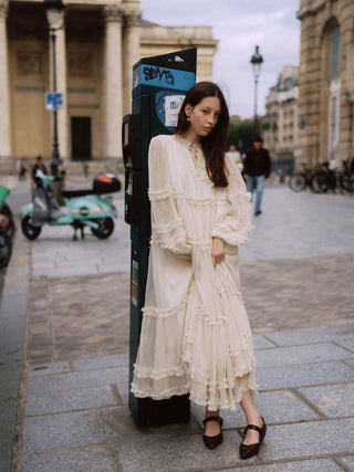 Sincethen Creamy Ruffle Long Dress with soft ruffle details for a romantic look