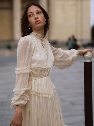 Sincethen Creamy Ruffle Long Dress with soft ruffle details for a romantic look