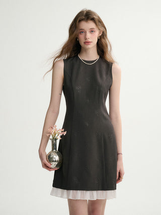 Dark Gray Ribbon Mini Dress with a charming ribbon detail, perfect for an elegant yet playful look.