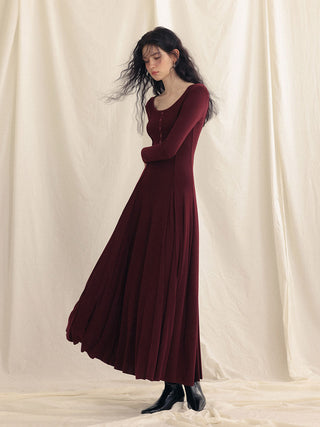 Deep Wine Round Long Dress by Sincethen - Elegant FW Designer Dress in Wine with Round Neckline