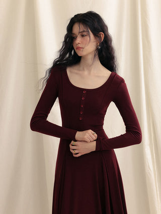 Deep Wine Round Long Dress by Sincethen - Elegant FW Designer Dress in Wine with Round Neckline