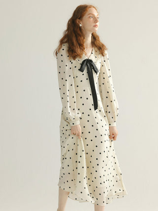 Dot ribbon tie long dress