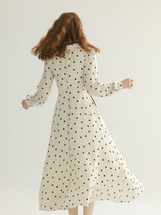 Dot ribbon tie long dress