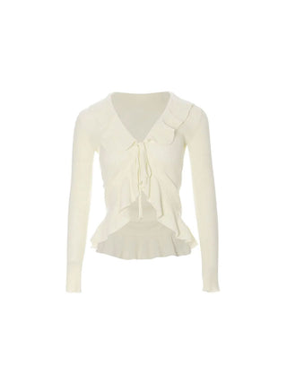 Elf Ruffle Knit Cardigan with delicate ruffle details, perfect for a feminine and romantic look.