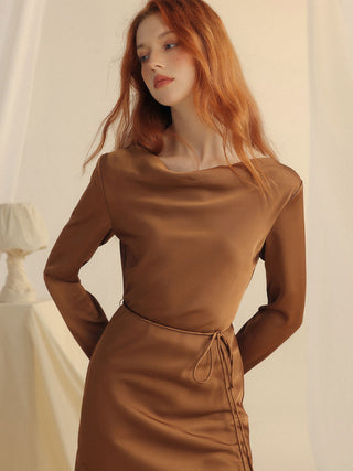 Glow boat neck long dress (brown)