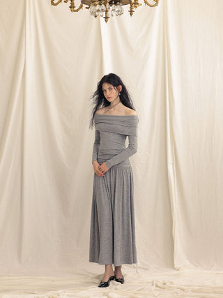 Gray Off-Shoulder Long Dress by Sincethen - Elegant Fall Winter Designer Look