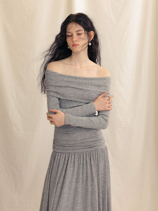 Gray Off-Shoulder Long Dress by Sincethen - Elegant Fall Winter Designer Look