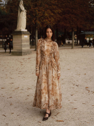 Sincethen Latte Ruffle Long Dress with delicate ruffle details for a romantic fall wardrobe