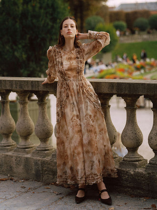 Sincethen Latte Ruffle Long Dress with delicate ruffle details for a romantic fall wardrobe