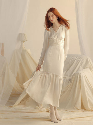 Luster V-Neck Long Dress styled for an elegant and special occasion look