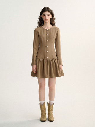 Demure Mild Wood Mini Dress by Sincethen, perfect for creating a refined and elegant look.