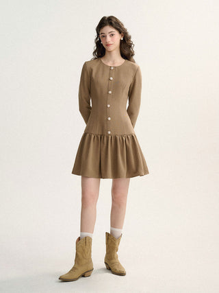 Demure Mild Wood Mini Dress by Sincethen, perfect for creating a refined and elegant look.