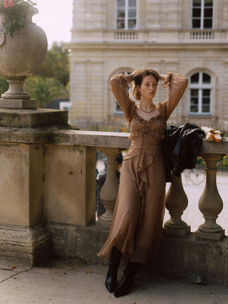 Sincethen Mocha Ruffle Long Dress with delicate ruffle accents for an elegant look