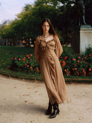 Sincethen Mocha Ruffle Long Dress with delicate ruffle accents for an elegant look