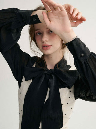 Ribbon Tie Sheer Blouse in Black with a delicate ribbon detail, perfect for a romantic and elegant layered look.