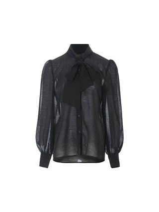 Ribbon Tie Sheer Blouse in Black with a delicate ribbon detail, perfect for a romantic and elegant layered look.