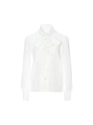 Ribbon Tie Sheer Blouse in White with a delicate ribbon detail, perfect for a romantic and elegant layered look.