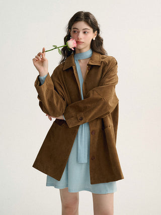 Stylish Suede Half Mac Coat by Sincethen, perfect for layering and autumn style.