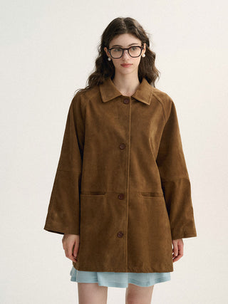 Stylish Suede Half Mac Coat by Sincethen, perfect for layering and autumn style.