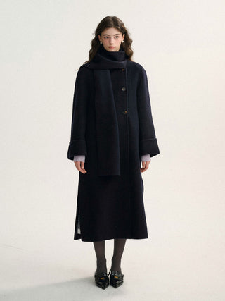 Elegant Wool Double Muffler Coat in Navy by Sincethen, designed for warmth and style.