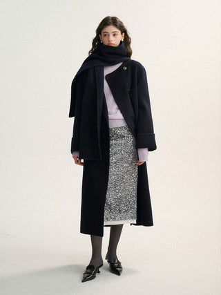 Elegant Wool Double Muffler Coat in Navy by Sincethen, designed for warmth and style.