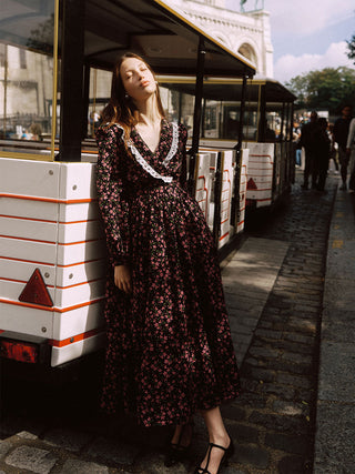 Sincethen Fleur V-Neck Long Dress with elegant V-neckline for an autumn-inspired look